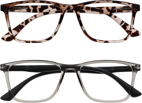 OPULIZE NYX Reading Glasses with Blue Light Blocking for Women Men, Rectangular Frame with UV & Eyestrain Protection, Anti-Glare Computer Gaming Glasses, Brown, Grey +0.0 Pack of 2