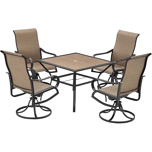 Outsunny 5 Piece Garden Patio Dining Furniture, Outdoor Conversation Set, 37" Dinner Table with Umbrella Hole, 4 Rocking Swivel Chairs for Garden, Lawn, Backyard, Coffee Bean Brown