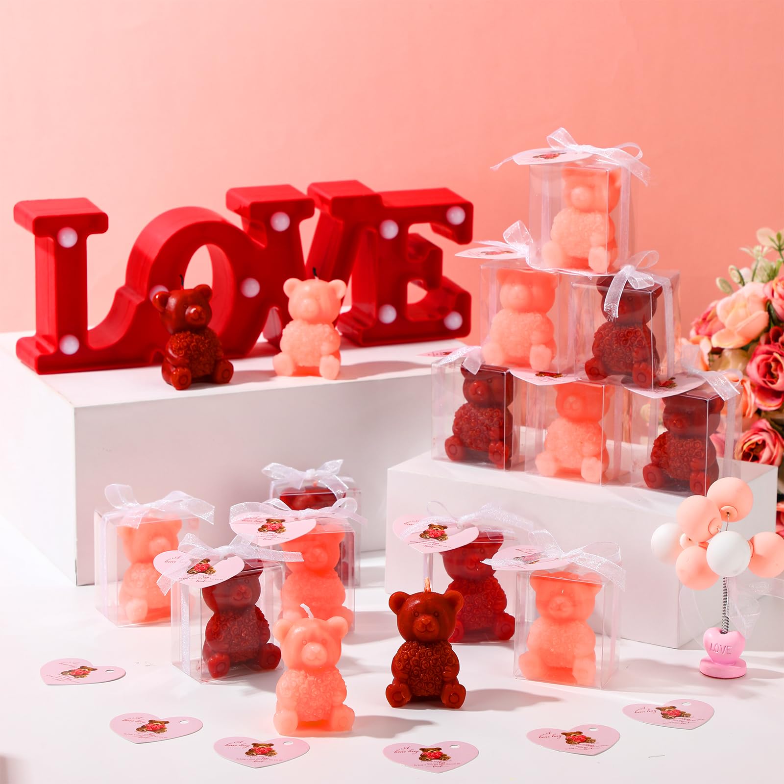 50 velas de oso para el día de San Valentín, velas de oso de rosas a granel en caja, bonitas velas de oso con tarjetas de bendición para propuesta del día de San Valentín, cumpleaños,