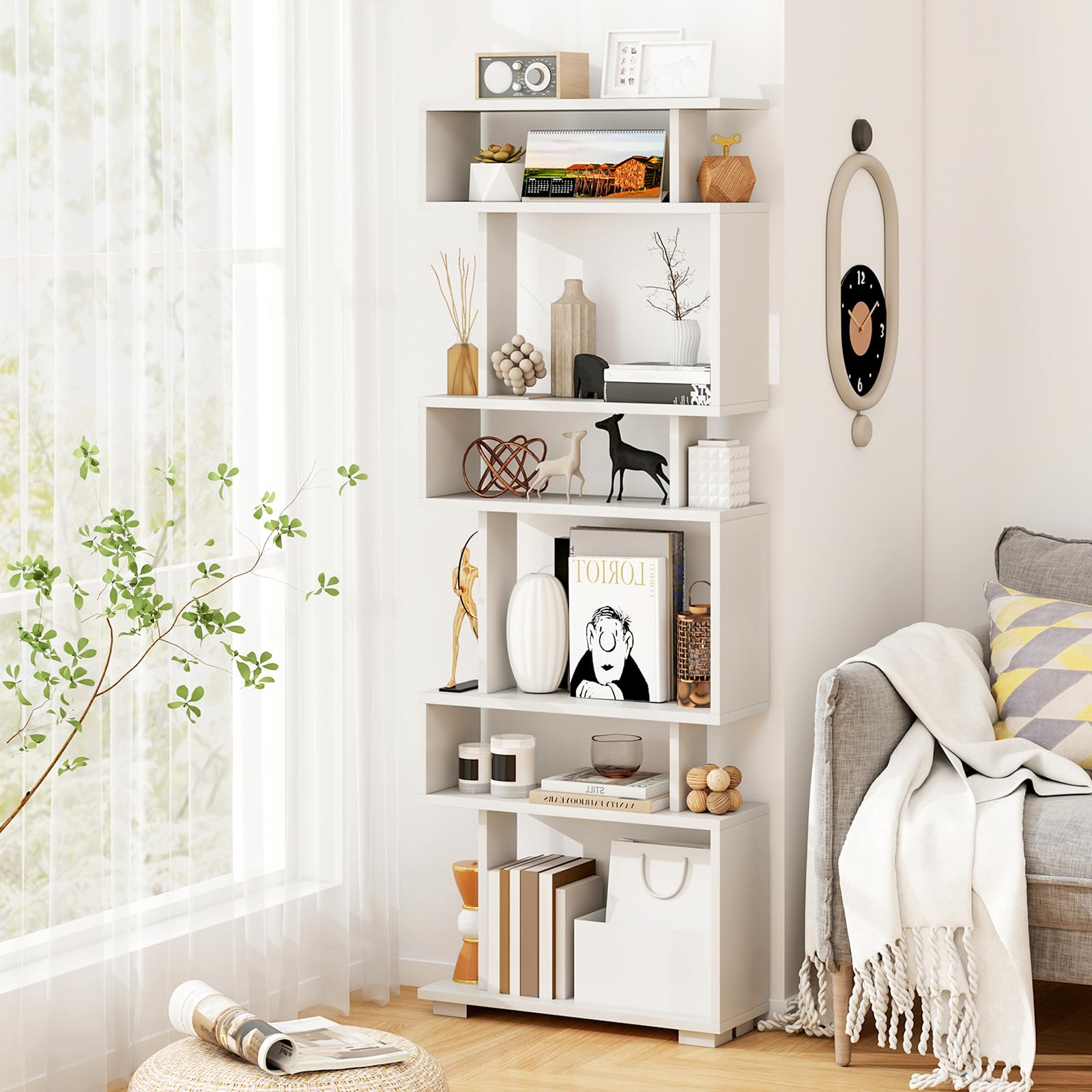 Tangkula 6-Tier S Shaped Bookcase, 64" Tall Modern Geometric Bookshelf with Anti-Tipping Kit, Home Office Freestanding Decorative Storage Display
