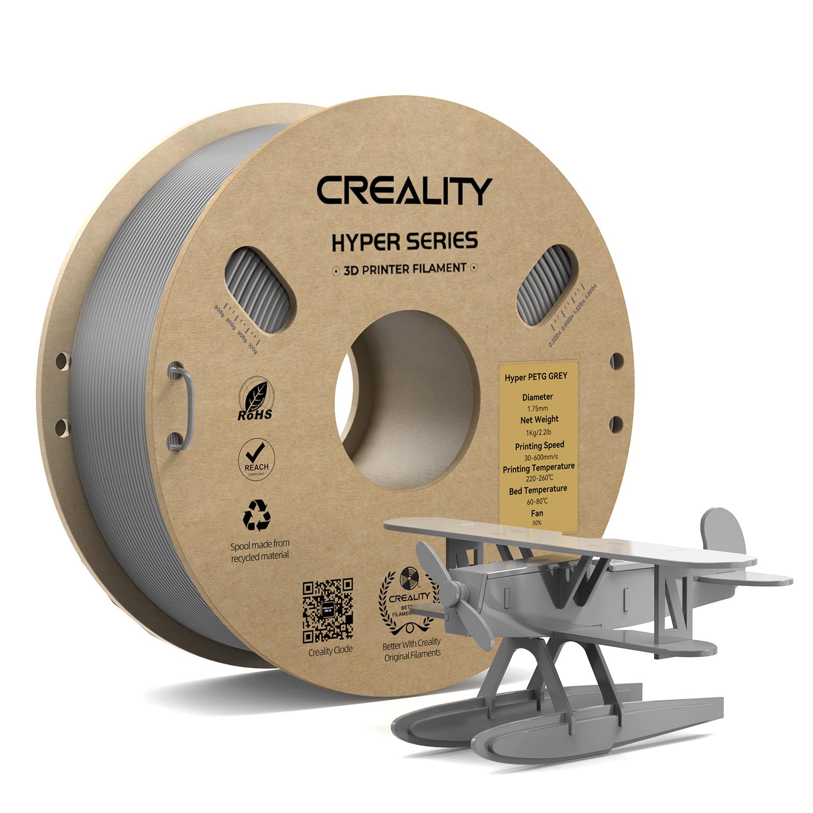CREALITY Hyper PETG Filament 1.75mm 3D Printer Filament, Up to 600mm/s High Speed Rapid PETG, 1kg (2.2lb) Neatly Wound Cardboard Spool, Dimensional Accuracy ±0.03mm, Fit for Most 3D Printers, Grey