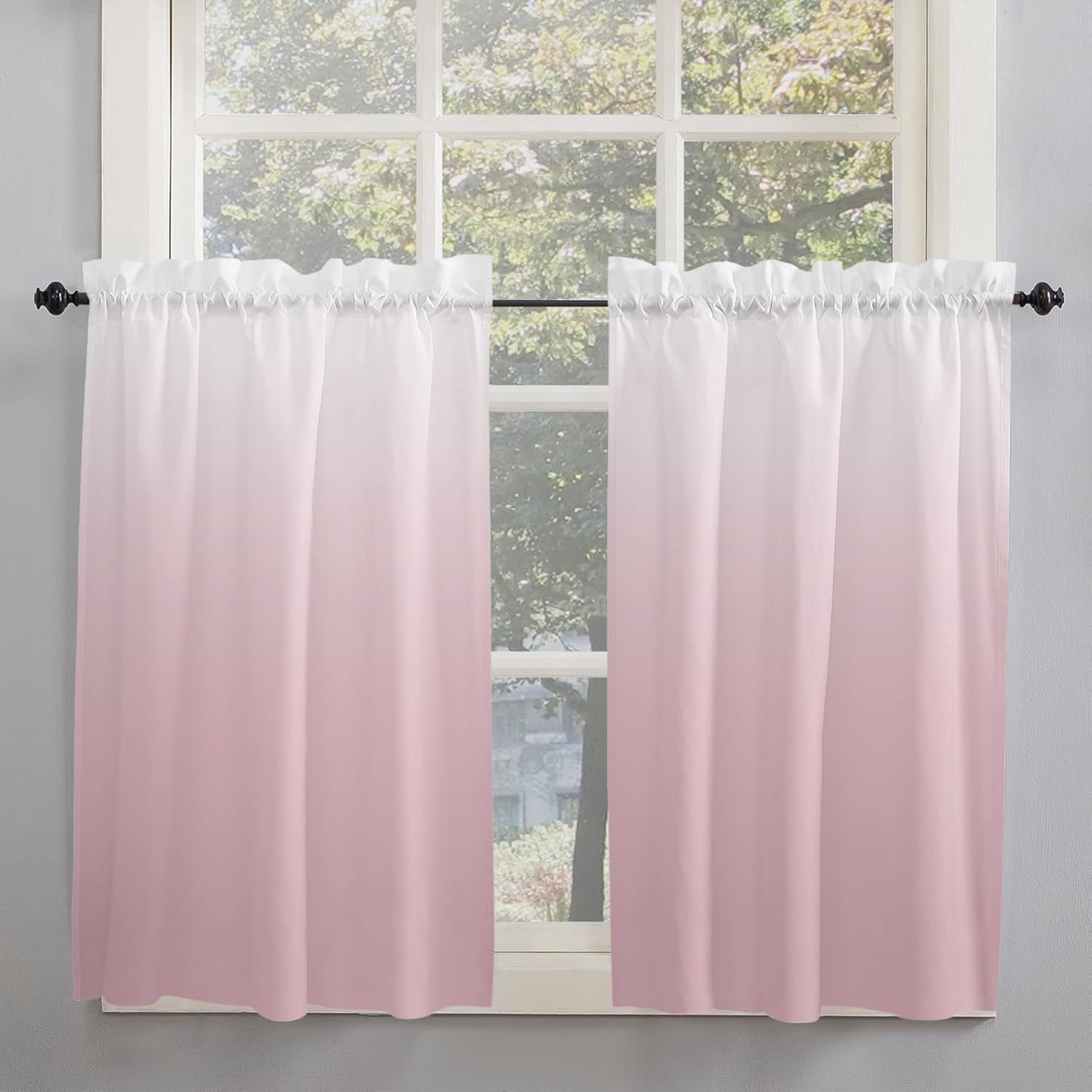 Cream White Pink Ombre Kitchen Curtains 54 Inches Long, Gradient Pink White Rod Pocket Window Curtains Panels for Bedroom/Bathroom/Nursery, Light Filtering Treatment Curtains Drapes 104''x54''