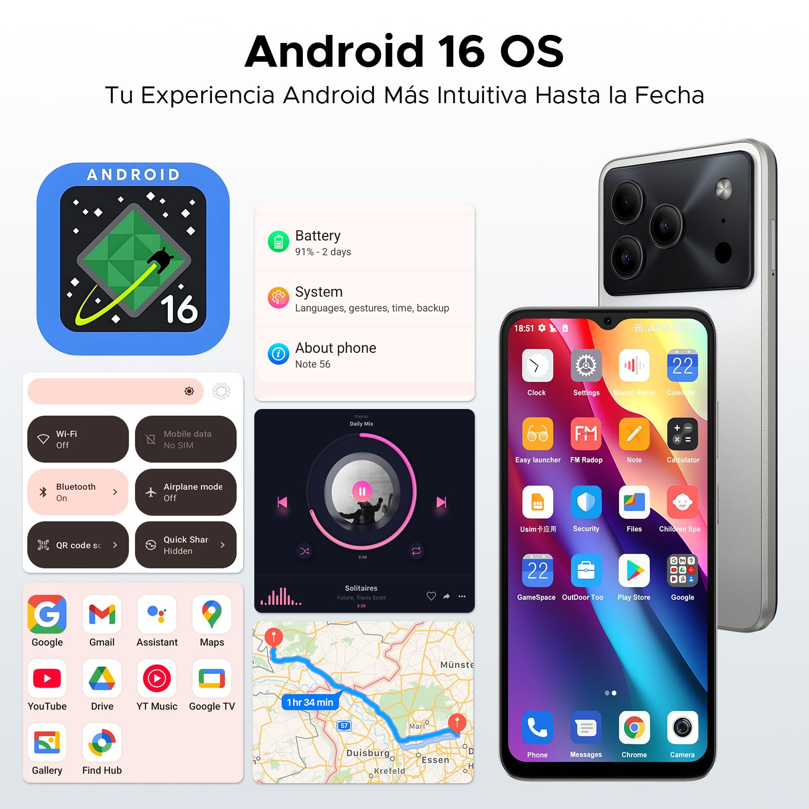 Note56 Android 16 Mobile Phone, 6250mAh Silicon Anode Battery, 6.56" HD+ IPS 90Hz, Octa Core 24GB+64GB Smartphone, 8MP, Body 8.48mm Phone, Face ID/OTG/GPS/Dual SIM 4G Mobile