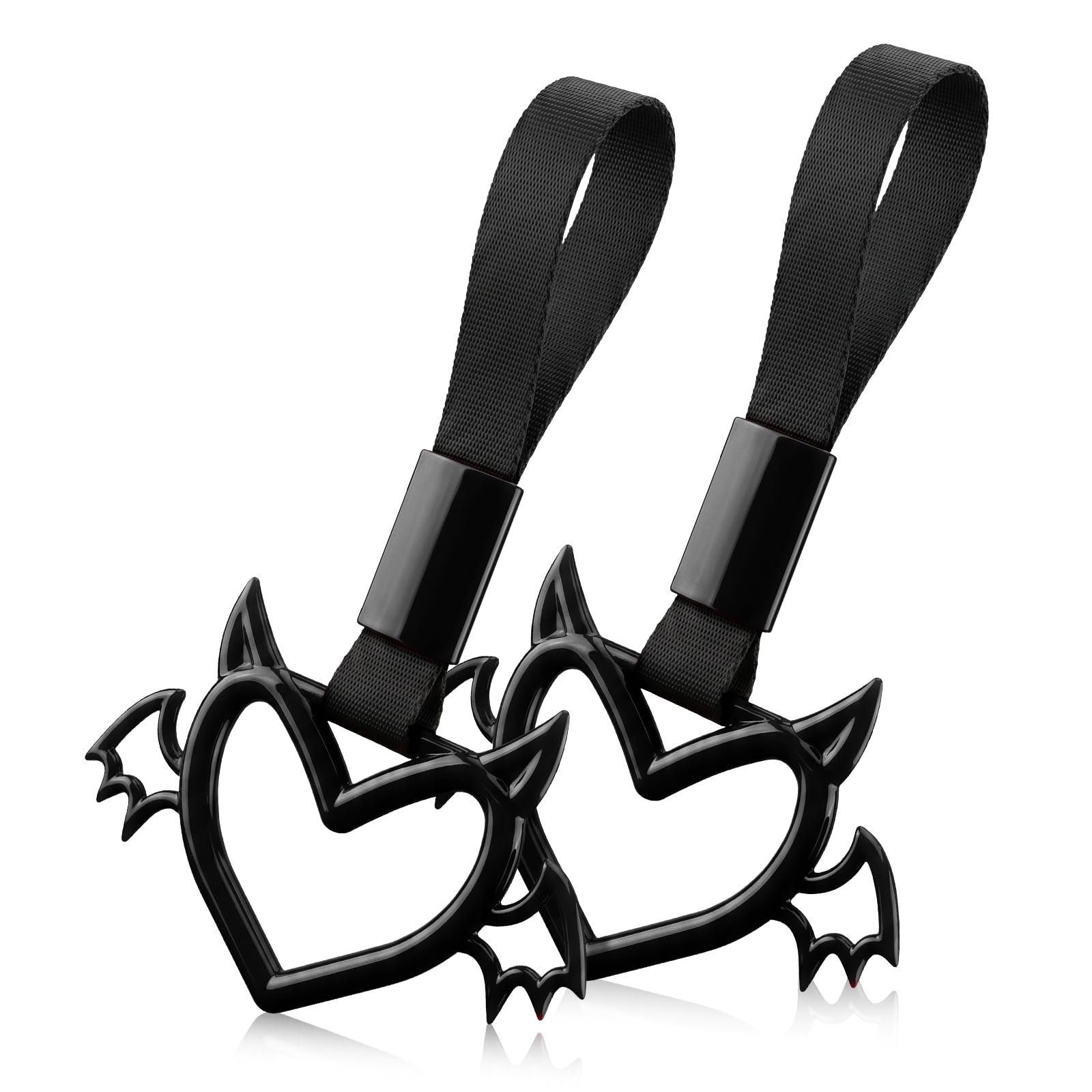2 Pcs Devil Heart Shaped Car Handle Strap – JD M Drift Charm Rear Bumper Warning Ring Decor for Car Interior Exterior, Subway Bus Handle Accessory, Cute Heart Car Decor Gift (Black-Wing)