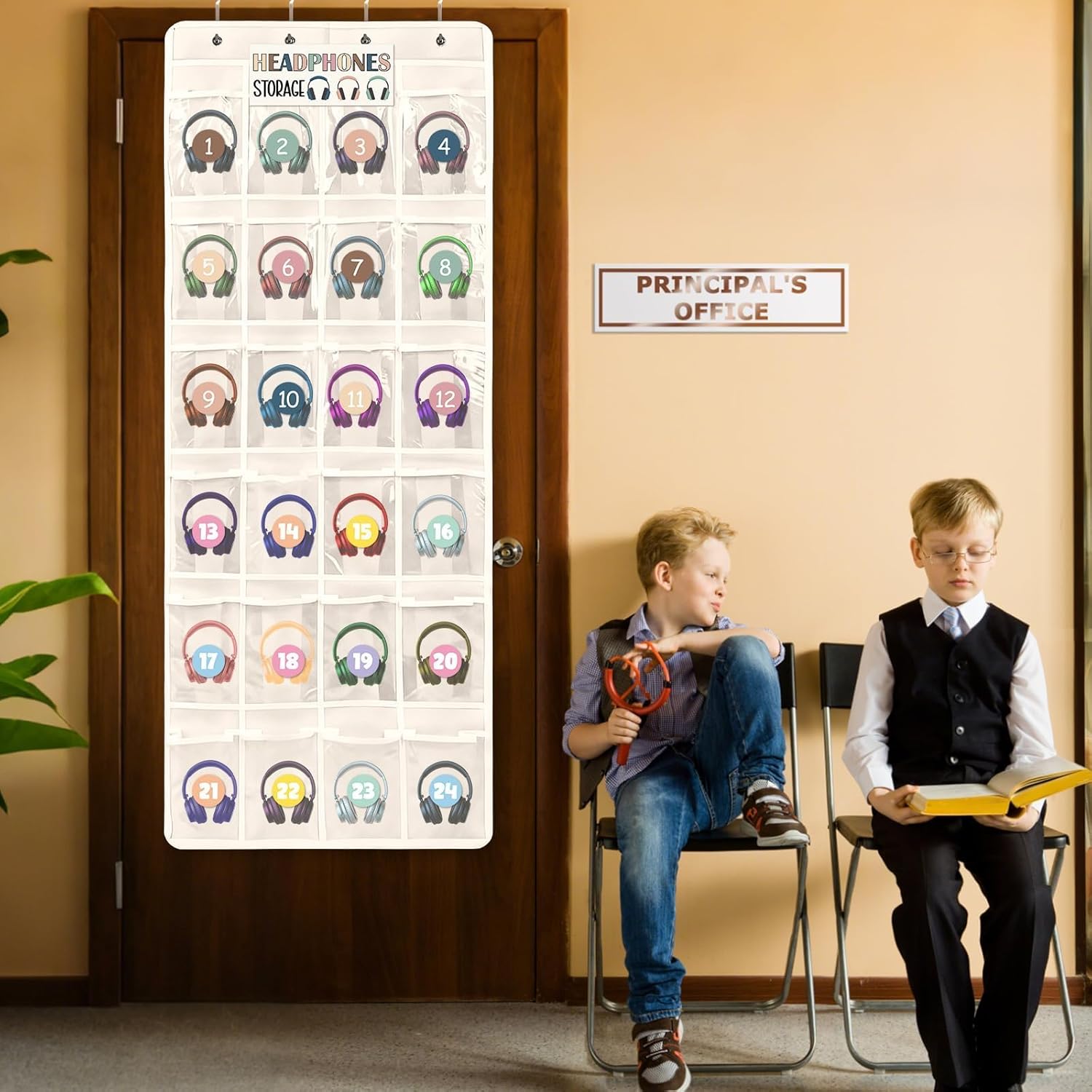 Boho Headphone Organizer Classroom Headphone Storage Over the Door Hanging Headphone Organizer Holder 24 Pockets PVC Clear with Storage Card Number Stickers 4 Hooks for School Cell Phone Calculator