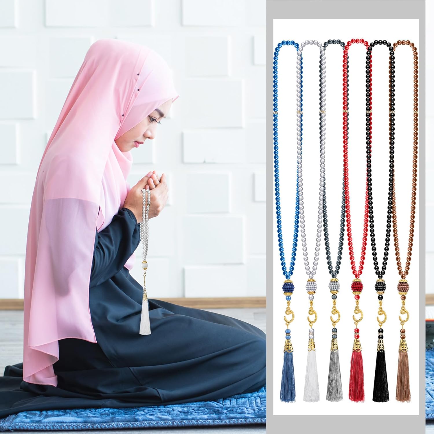 Jiuguva 12 Pcs Kufi Hats for Men and Muslim Prayer Beads Set 6 Handicraft Knitted Hat Stretchy Taqiyah Cap and 6 Tasbih 99 Beads - Image 7