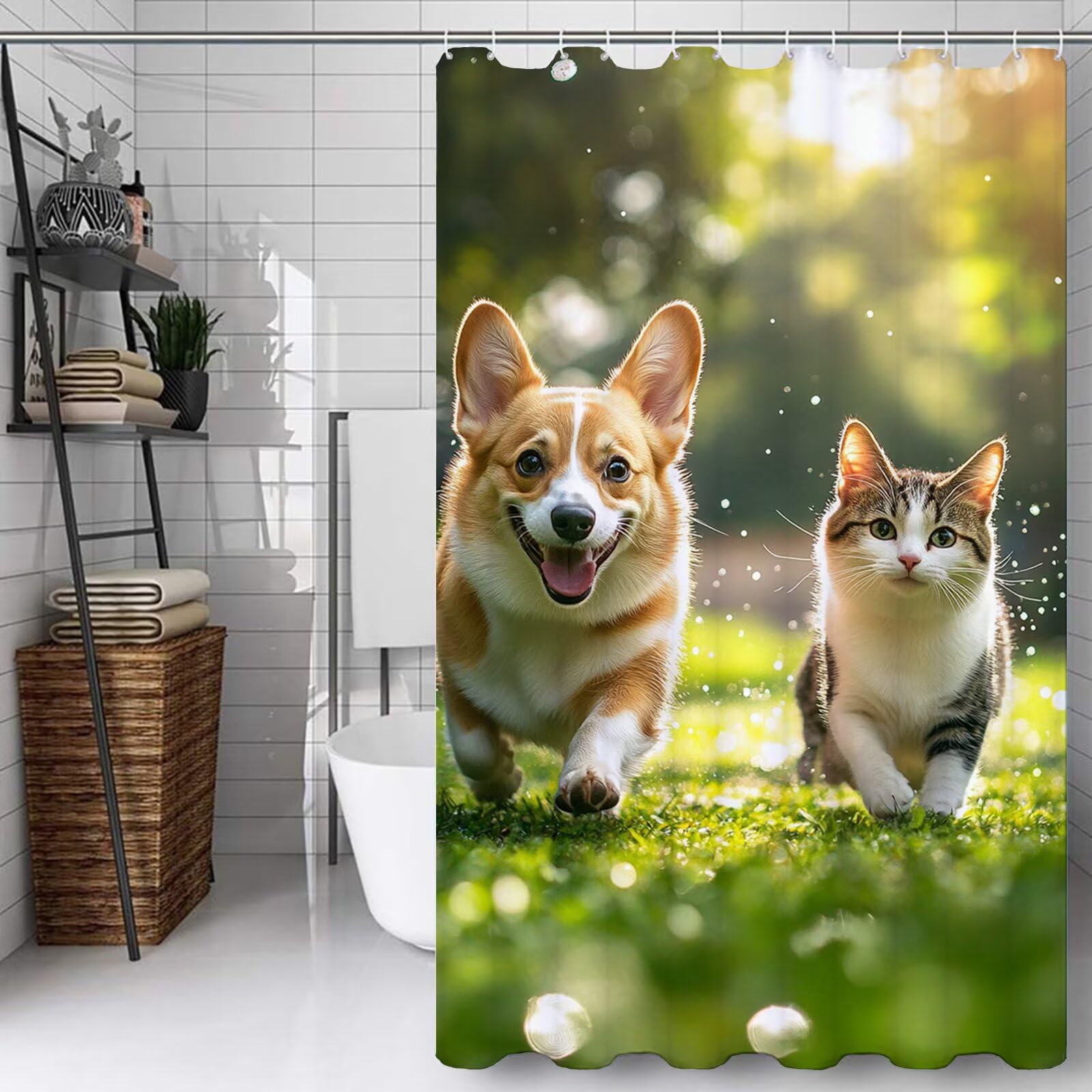 Rideau de douche 120x200 cm chat en textile premium imperméable et résistant