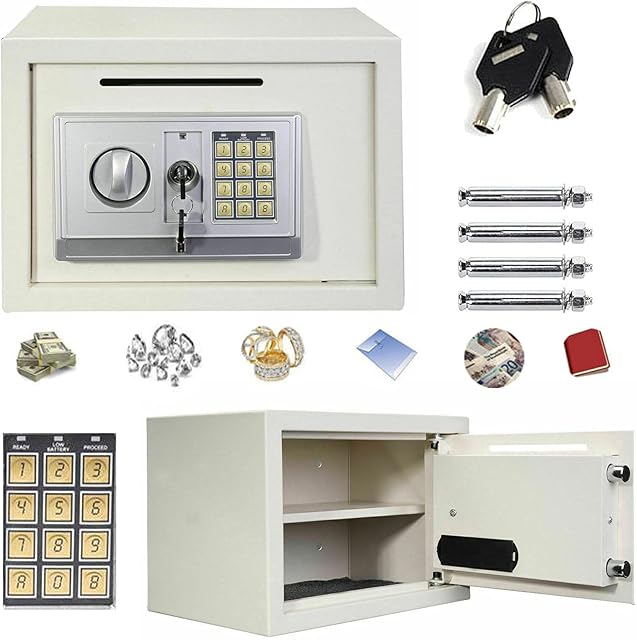 16L Digital Steel Cabinets Safes Safety Box Electronic Security Large Capacity with Full-digit Keypad/2 Override Key/2 Installing Bolts Wall (25x35x25cm) for Home Office Money Cash Valuables White