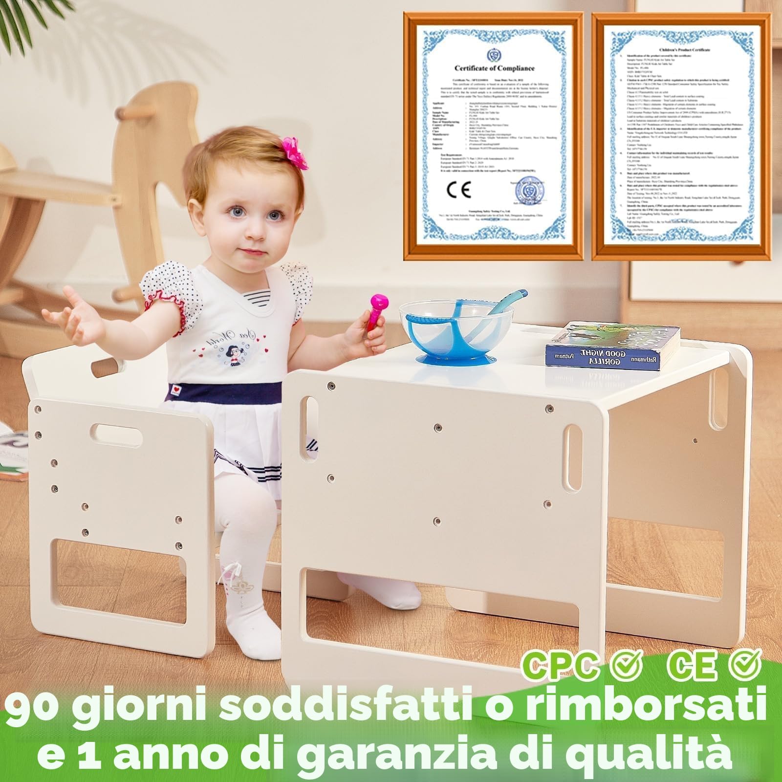 FUNLIO Set Tavolo e Sedia Montessori per Bambini 1-3 Anni, Altezza Regolabile, Ideale per Leggere/Mangiare/Giocare, Montaggio Semplice, Certificato CPC - Bianco