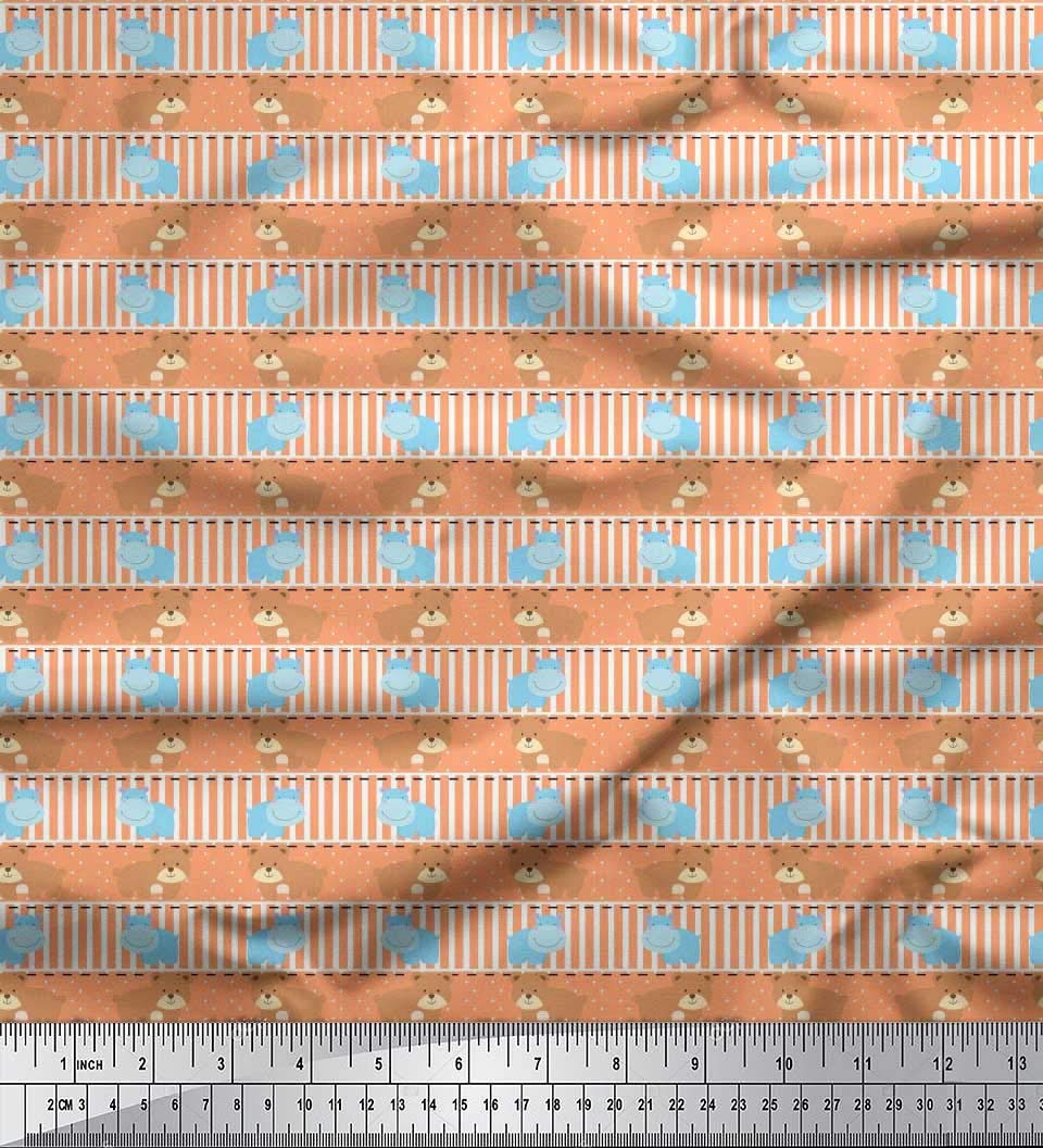 Soimoi Orange Rayon Fabric Stripe,Hippo & Bear Cartoon Print Fabric by the Yard 42 Inch Wide