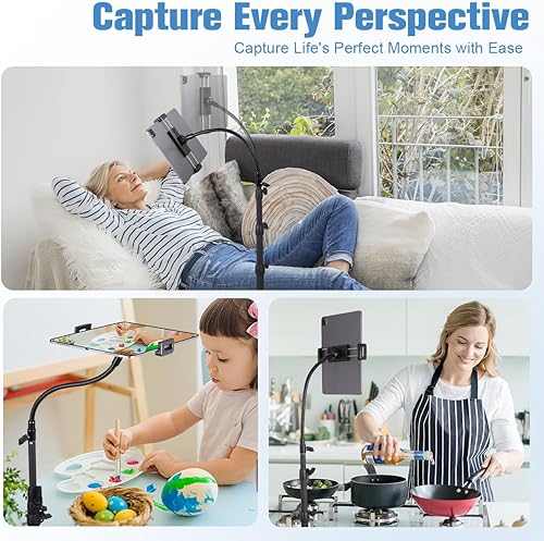 Miniatura 7 de Lusweimi Soporte de trípode ajustable para iPad, soporte de piso de 72 pulgadas con cuello de cisne giratorio de 360, compatible con iPad Pro 12.9,