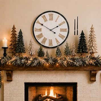 Large 24" Farmhouse Wall Clock, Rustic Wood Round Timepiece with Raised Roman Numerals, Black Metal Frame, Silent Quartz, Durable & Easy-to-Clean, Living Room & Entryway Decor Distressed White