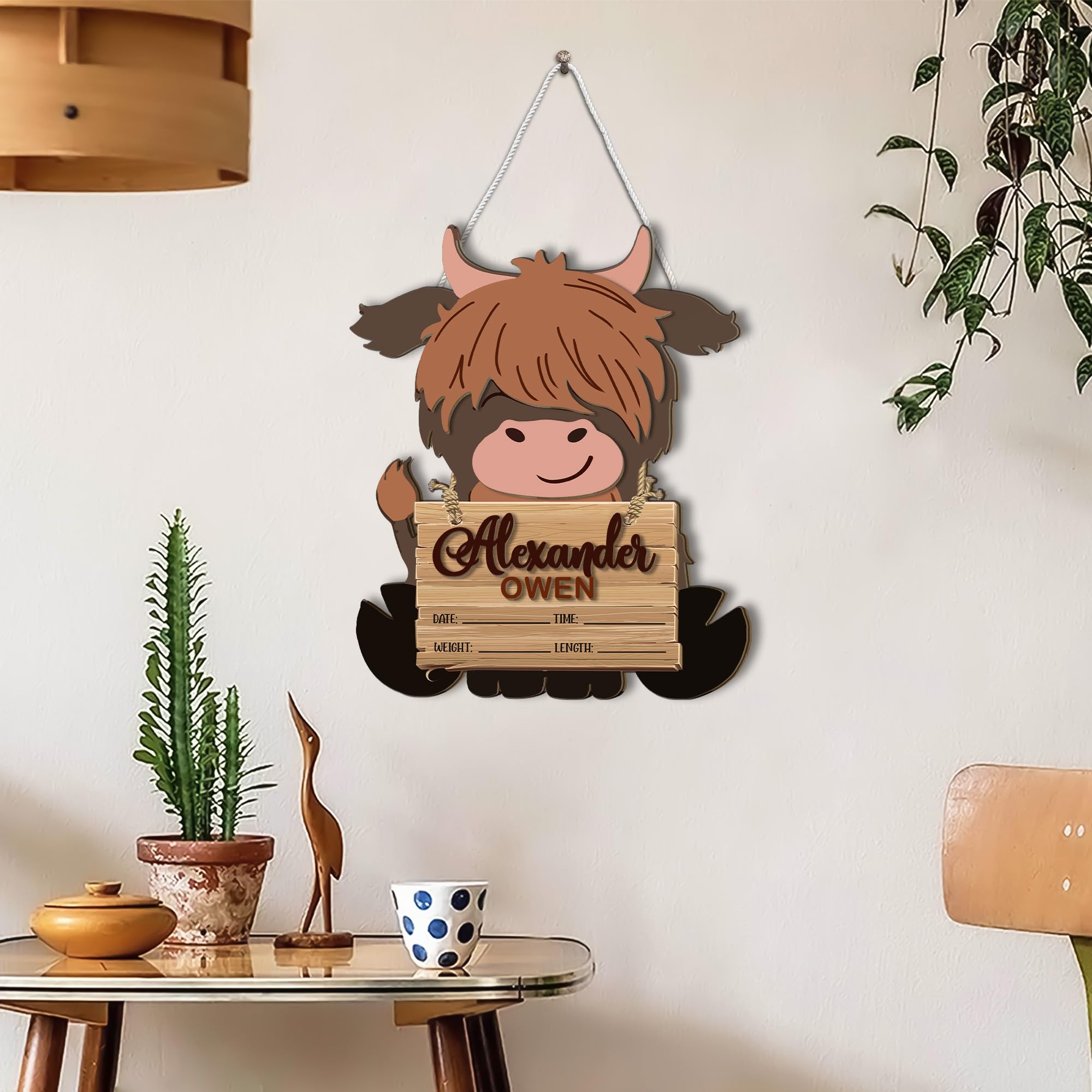 Mondily Baby Name Signs for Nursery Decor, Personalized Baby Name Signs, Cow Wreath Baby Birth Announcement Sign, 2 Layers Wood Birth Stat Sign, Baby Shower Décor