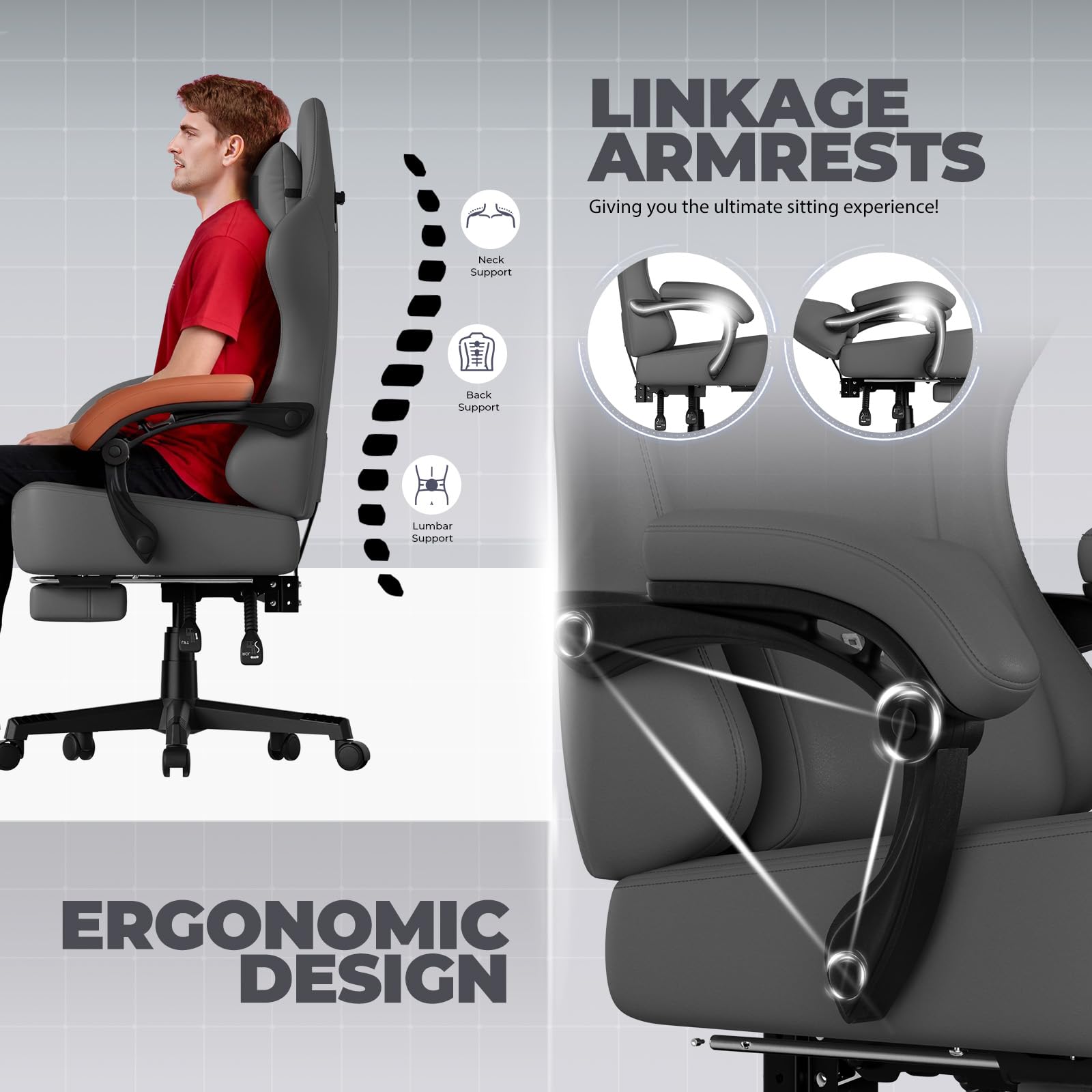 GTPLAYER Silla para Juegos, Silla de Oficina Transpirable, Silla ergonómica de PC, Tela, Respaldo Ajustable 160° y reposapiés Extensible, ergonómica, Cuero sintético, Carga 180 kg, Gris