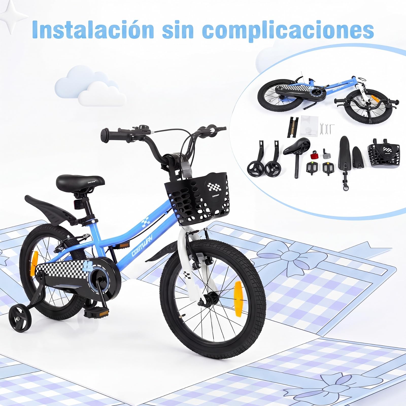 COSTWAY Bicicleta Niños 14/16 Pulgadas, Bicicleta Infantil con Ruedas Estabilizadoras Desmontables, Freno de Mano y en V, Asiento y Manillar Ajustables, Cesta y Campana