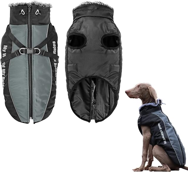 Dog Winter Coat with Harness for Large Dogs,Waterproof Fleece Cotton Lined Dog Jacket Reflective Outdoor Dog Winter Jacket Warm Pet Jacket Costume with Adjustable Plush Neckline for Large Dogs (5XL)