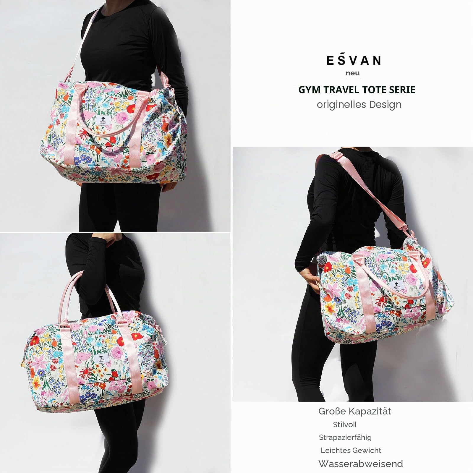 ESVAN Reisetasche, Sporttasche, Wochenendtasche, Übernachtung, Handgepäcktasche, Crossbody-Tasche mit Nassfach und Trolleyhülle, [K] Blume, Large, modisch