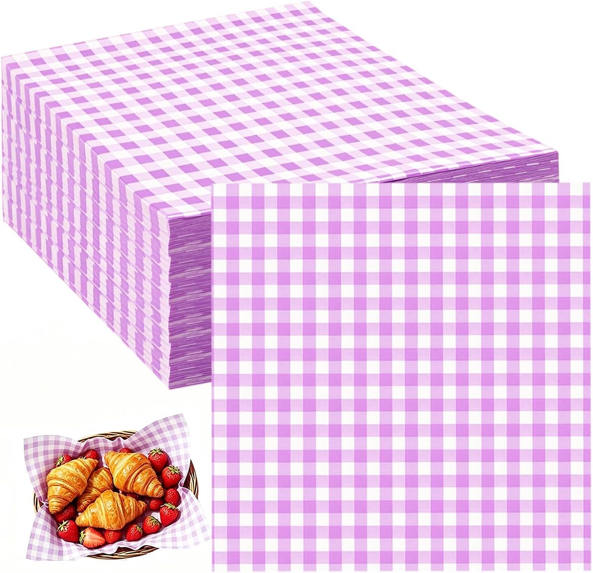 200 Pcs Purple Checkered Deli Paper 7x7 Inch, Waxed Grease Resistant Food Wrapping Sheets, Disposable Basket Liners for Burger Sandwich Bakery Party Trays
