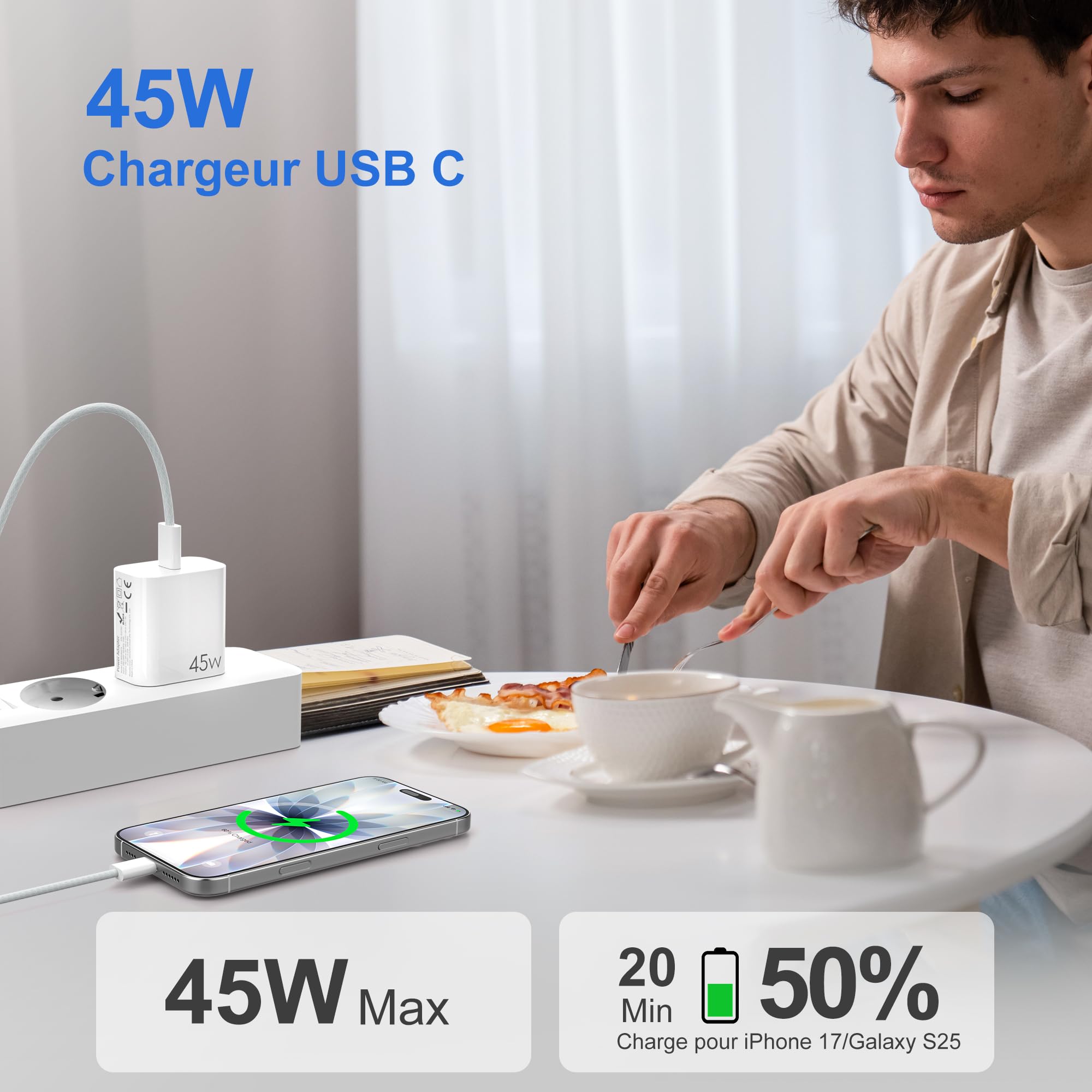YISH Chargeur USB C Rapide GaN 45W - Secteur Prise USB C Chargeur Rapide pour Smartphone 17/16/15 Pro MAX/S25/S24/S23 Comprimés Embout Adaptateur Type C Mural Fast Charger, 60W 1M Cable Type C - 3