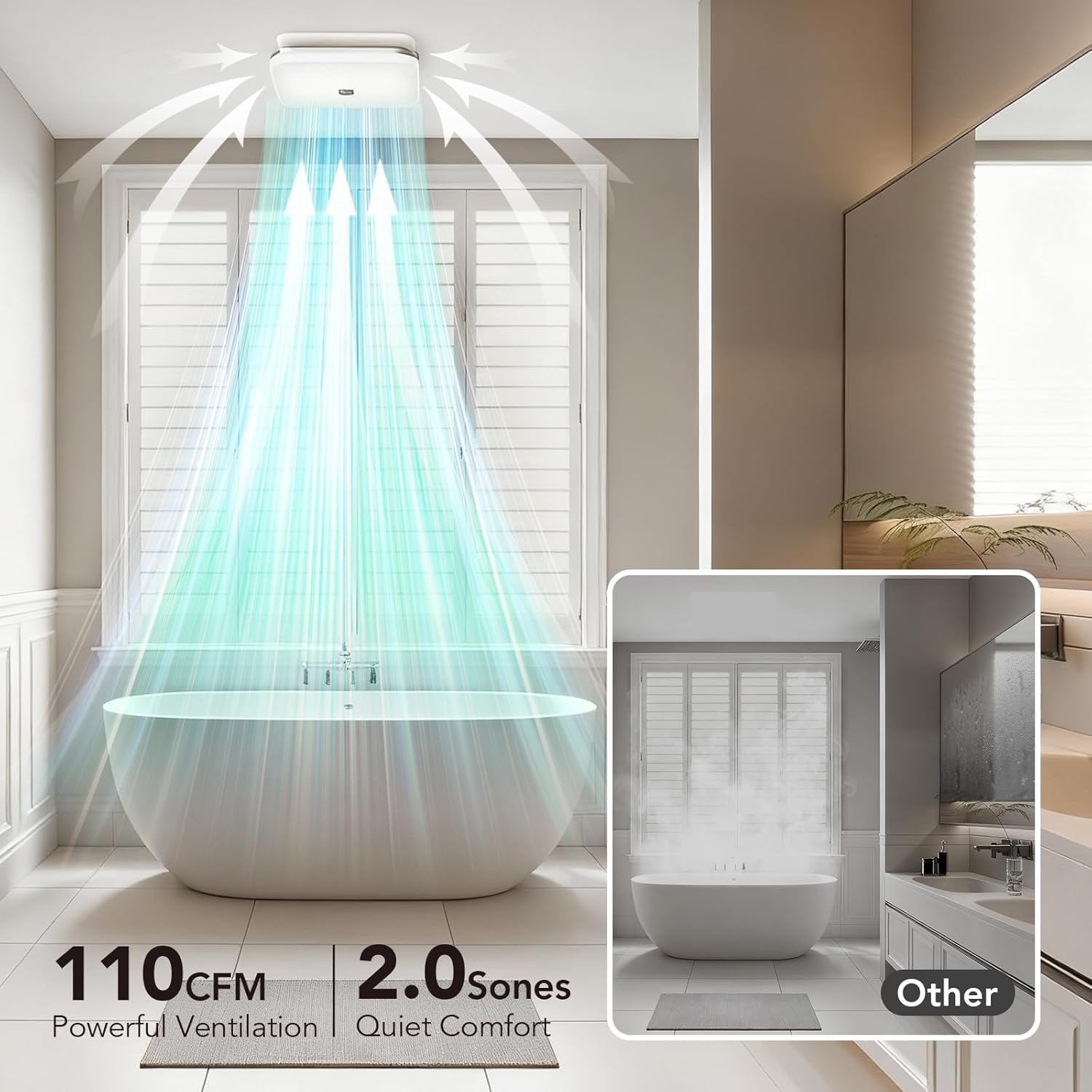 OREiN Matter Smart Bathroom Fan with Light (No Speaker), 110 CFM Quiet Ventilation Fan, 2700K–6500K & RGB Mood Lighting, App/Voice/Remote Control, Alexa/Google/Apple Home, Fits 7.36" x 7.68" Cut-Out