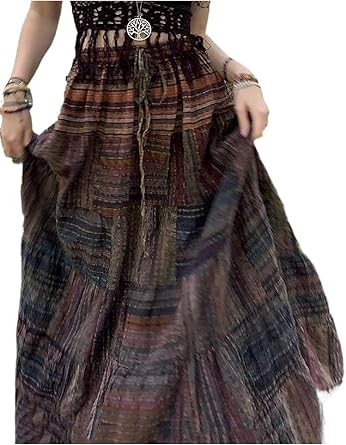 Womens Vintage Grunge Fairycore Midi Skirts Printed A-Line Long Skirt Y2K Streetwear Clothes