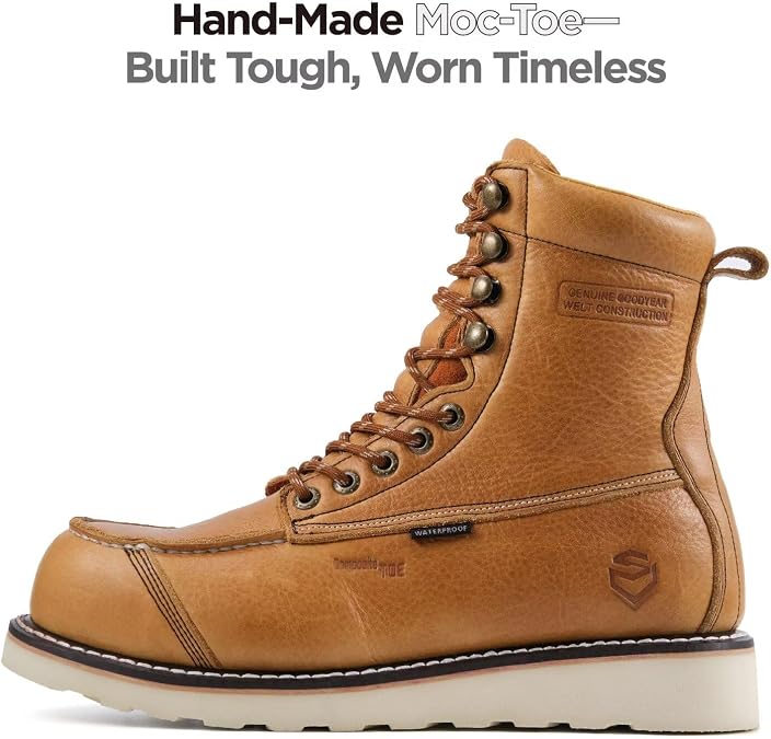 SUREWAY Mens 8 Heavy Duty Waterproof Work Boots for Men - Composite Toe,EH Construction Industrial Safety Leather Boots,GoodyearWelt,Lace Up Wedge Moc Toe,Oil/Slip Resistant Comfortable Outsole
