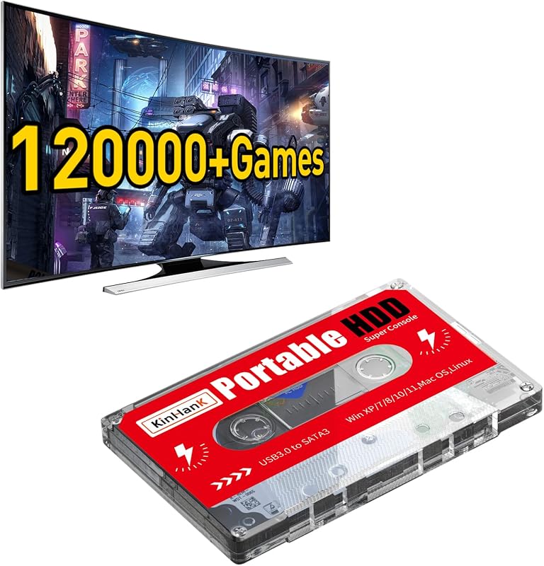 2TB Game Hard Drive, Built-in 120000+ Games, Batocera 33 System, External Hard Drive Compatible with Mac OS/Linux/Windows XP/7/8/10/11, Portable HDD, USB 3.0