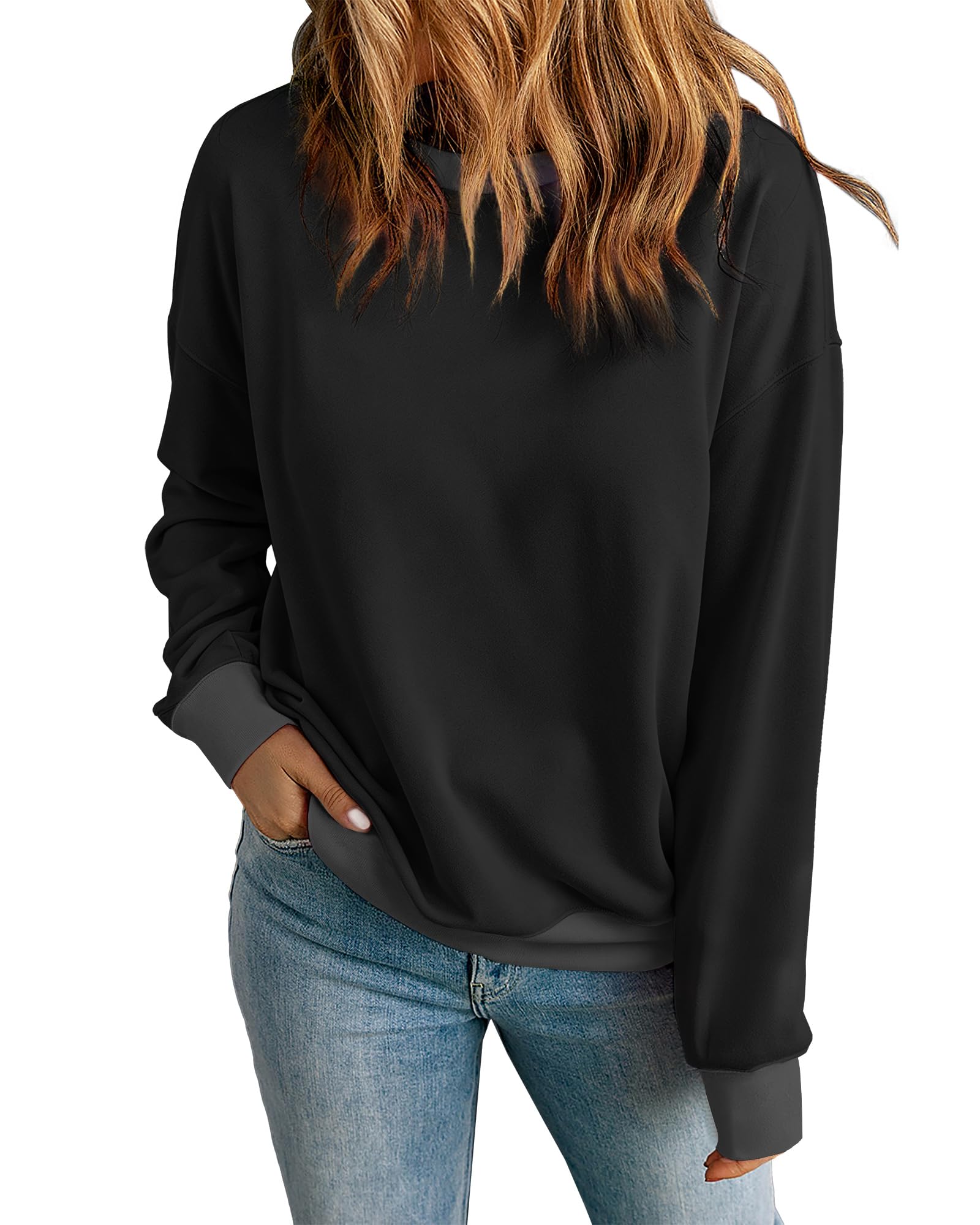 RUMIA Women's Sweatshirt Crew Neck Long Sleeve Loose Fit Black Block S