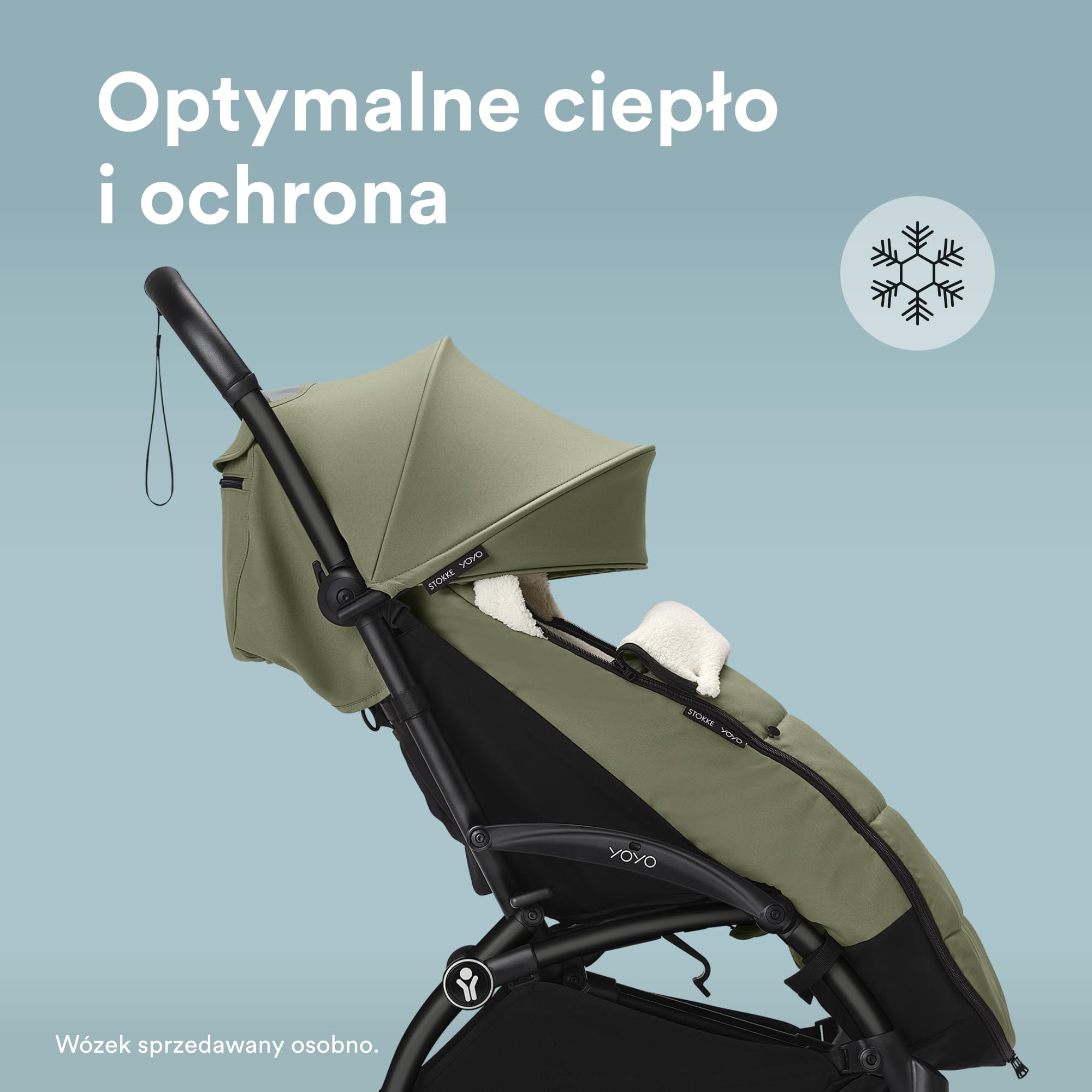 Śpiworek do wózka Stokke YOYO, Olive - podszewka Sherpa, kaptur z polarem ze sznurkiem, podwójna wyściółka - można prać w 30°C - w zestawie mała torba