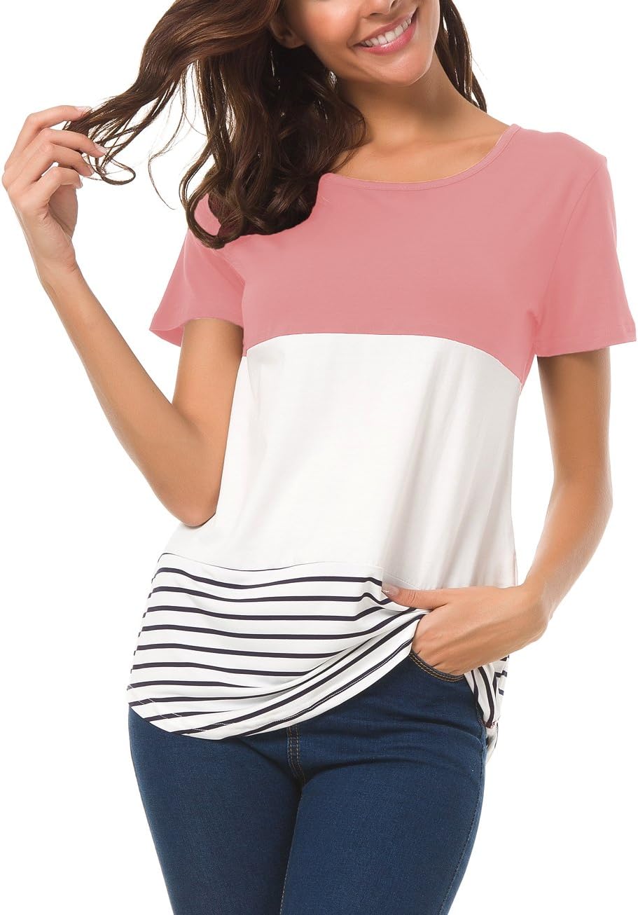 Mounblun Short Sleeve Round Neck Triple Color Block Stripe T-Shirt Casual Blouse Pink S