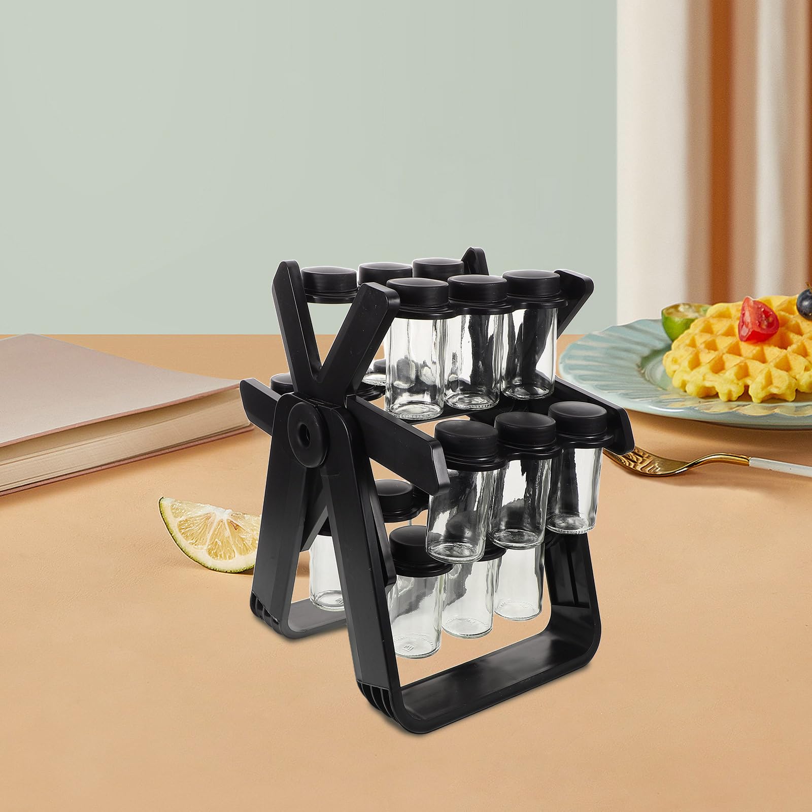Organizador de Cocina con Frascos de Vidrio Transparentes y Estructura Ahorradora de Espacio en Forma de Noria para Almacenar Especias y Condimentos