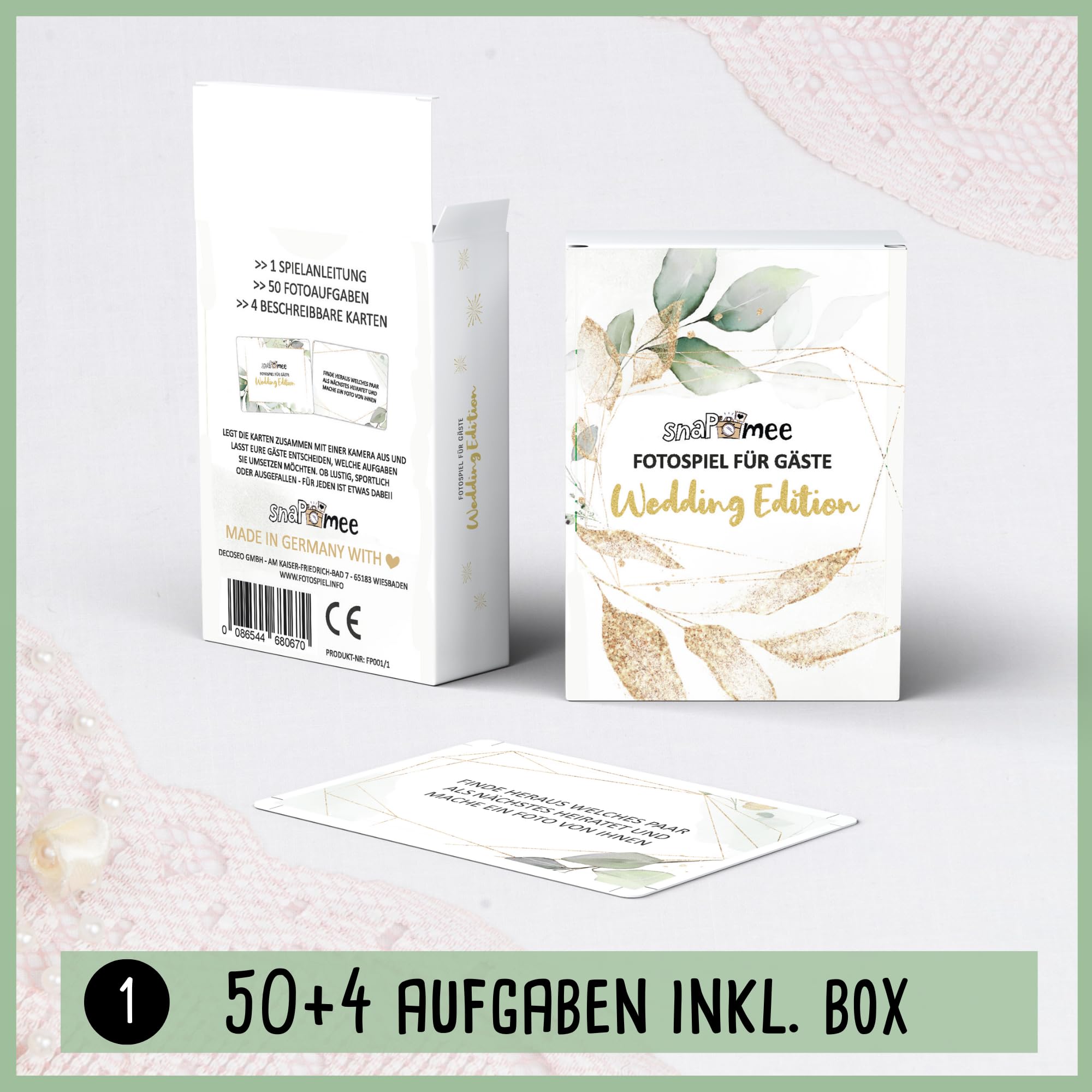 Fotospiel Hochzeit Set by snaPmee - 50+4 Fotoaufgaben, Fotobuch (Hardcover) mit Stift, 133 Sticker, 10 Tischaufsteller - als Gästebuch Alternative