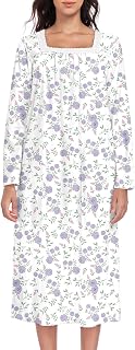 MZROCR Long Sleeve Cotton Nightgowns for Women Soft Night Gowns for Adult Square Neckline Sleepwear Victorian Sleep Dress