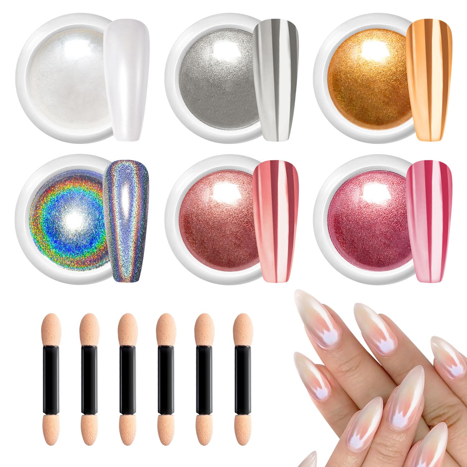 6 chromowanych paznokci w proszku do paznokci, chromowany proszek, metaliczne lustro, holograficzny pigment chromowany, efekt perłowy, puder do manicure i zdobienia paznokci