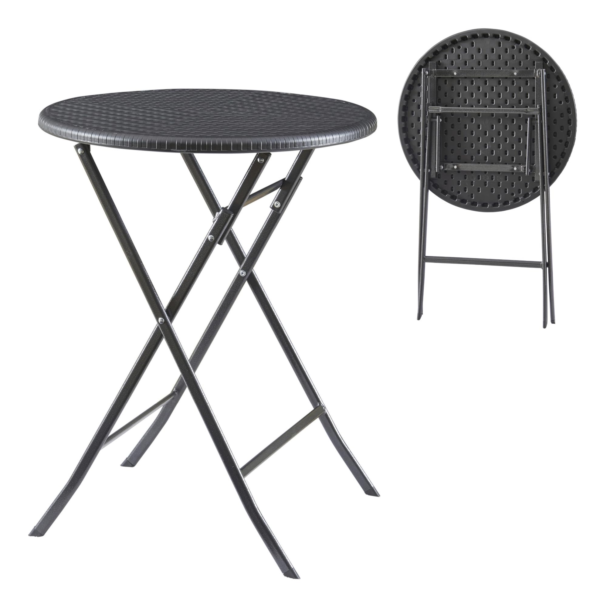 [en.casa] pro.tec składany stół piknikowy Camping przenośny stół do użytku na zewnątrz metalowa rama i blat plastikowy stół Ø60 x 74 cm czarny efekt rattanu