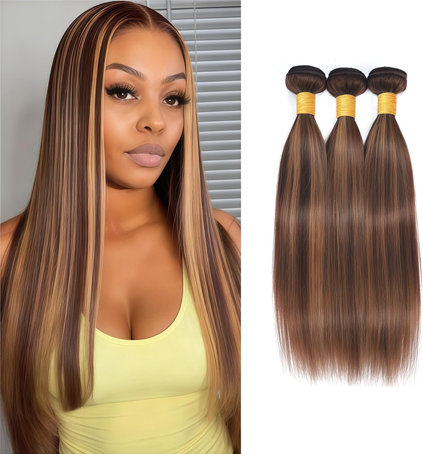 KODRHAR Blonde Highlight Straight Bundles Human Hair 24 26 28 Inch Virgin Remy Honey Blonde Bundles Human Hair Brazilian Highlight Brown Bundles Hair Extensions P4/27 Color