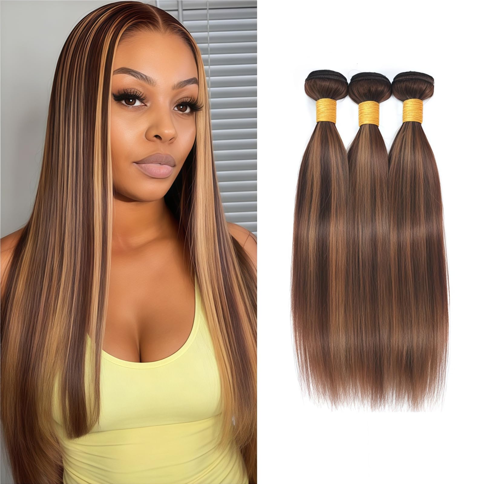 Photo 1 of ***MISSING BUNDLES & CAP*** KODRHAR Blonde Highlight Straight Bundles Human Hair 16 18 20 Inch Virgin Remy Honey Blonde Bundles Human Hair Brazilian Highlight Brown Bundles Hair Extensions P4/27 Color