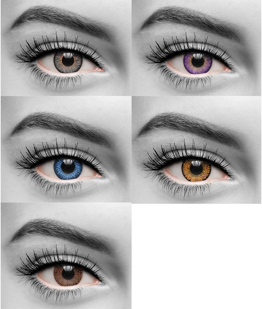 GOLD LOOK Brown grey blue green purple Contact Lens With Case And Solution - Set Of 5 Pair (Brown grey blue green purple)