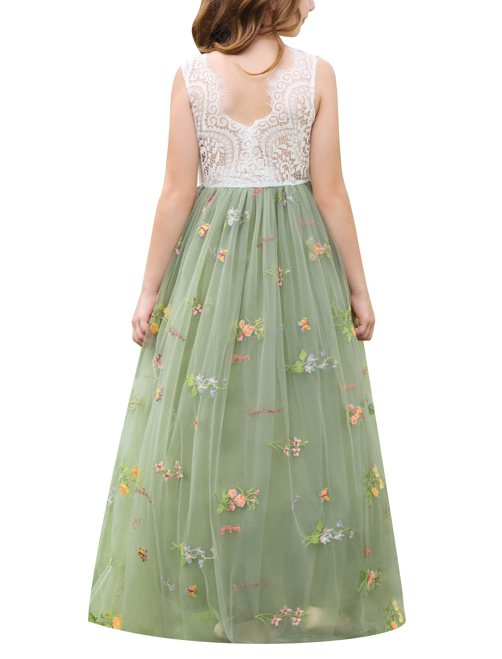 Vestido de encaje elegante sin mangas para niña, con espalda en V, tul, fiesta, maxi vestido para niña, boda, dama de honor, primera comunión, cumpleaños, princesa