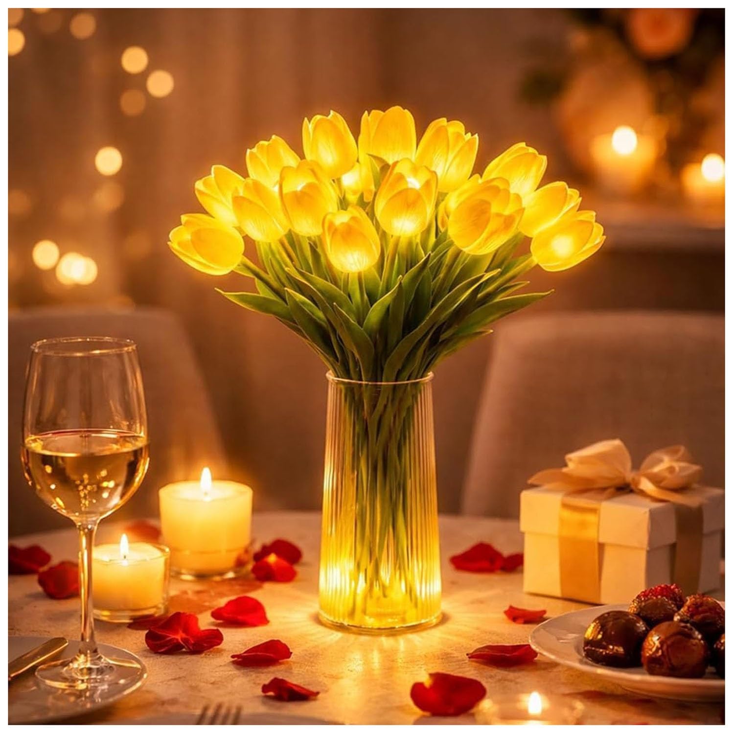 Tulip LED Table Lamp, Battery Operated Flower Night Light with Vase, 15PCS Artificial Tulip Light for Bedroom Living Room Decor, Romantic Ambient Light as Gift for Women, Girls(Yellow,Includes vase)