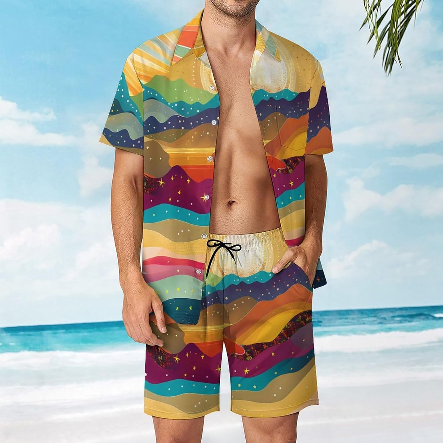 Psychedelic Landscape with Mountains Sun Men's Summer Beach Outfits Shirt And Shorts Set 2 Piece Vacation Swimwear