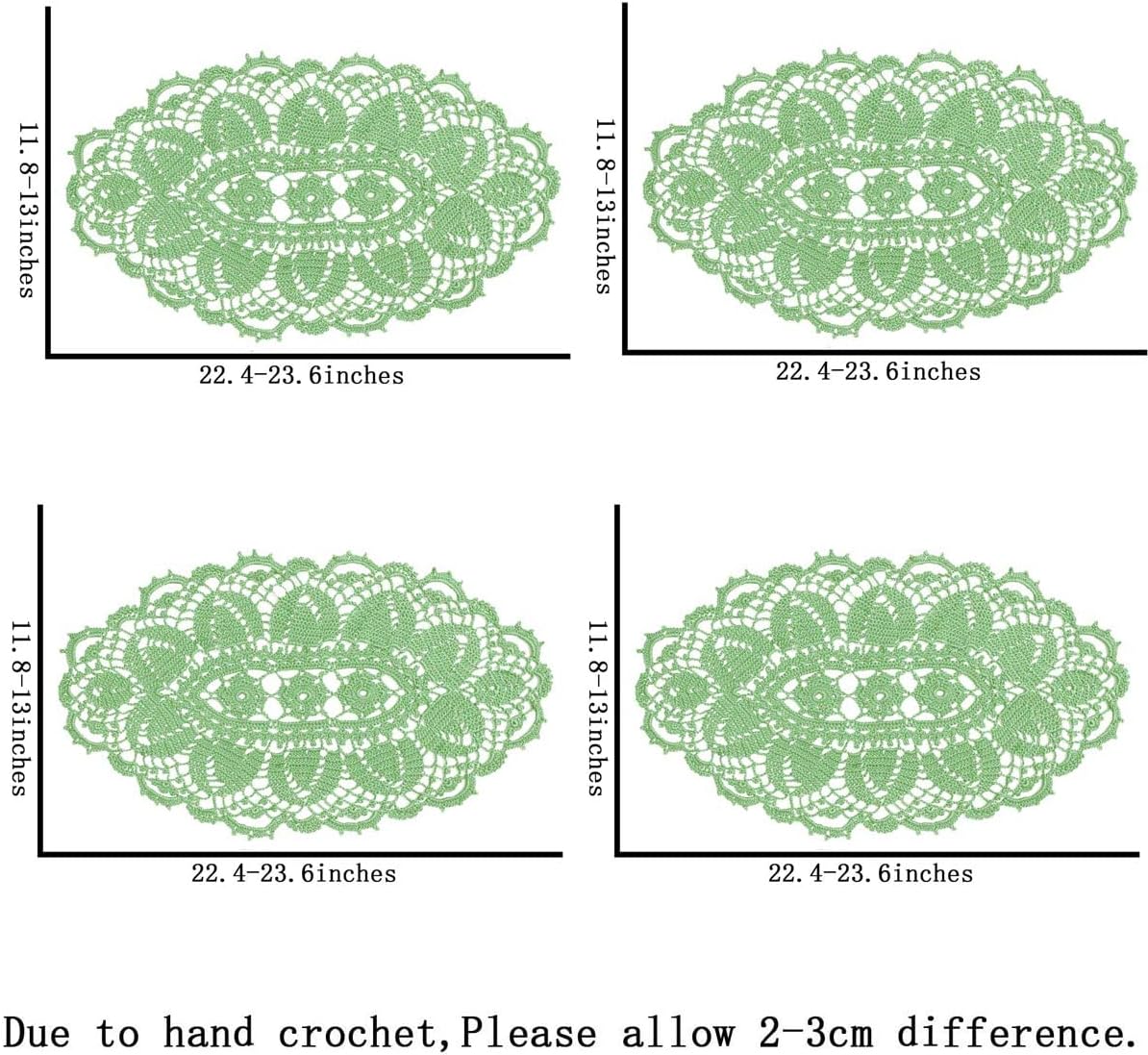 BIBITIME Crochet Knitted Table Doilies Lace Doily Handmade Placemats Kitchen Cup Mug Mats (4PCS-11.8" x 22", Style03-Apple Green)