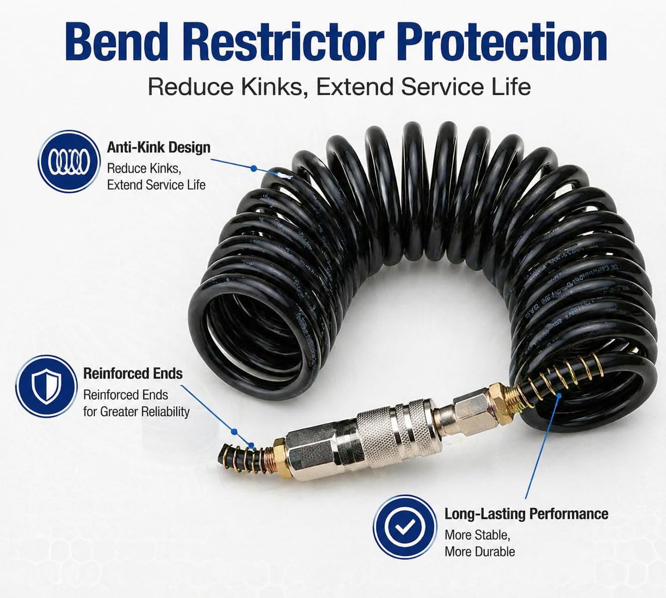 25ft Air Compressor Hose with Bend Restrictor and 1/4 Quick Coupler - Coiled Flexible Air Hose with Solid Copper Connectors