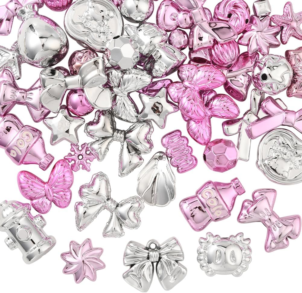 120G 50Pcs Shaped Acrylic Beads Cute Acrylic Black Beads Random Style Electroplate Opaque Flower Butterfly Cross Assorted Spacers for Jewelry Making DIY Bracelet Keychain Phone Charm Women