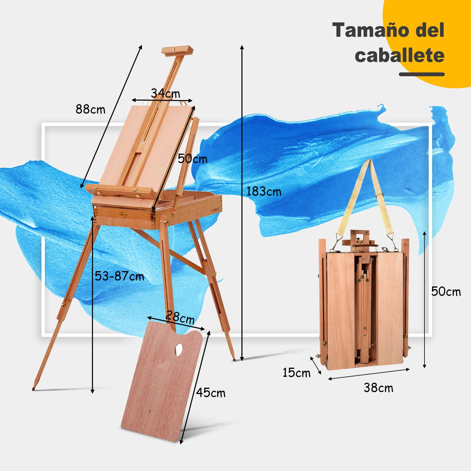 COSTWAY Cavalletto Regolabile Treppiede con Cassetto, Professionale Multiuso per Dipingere e Disegnare, in Legno di Faggio, Altezza Regolabile, 71x114x180cm