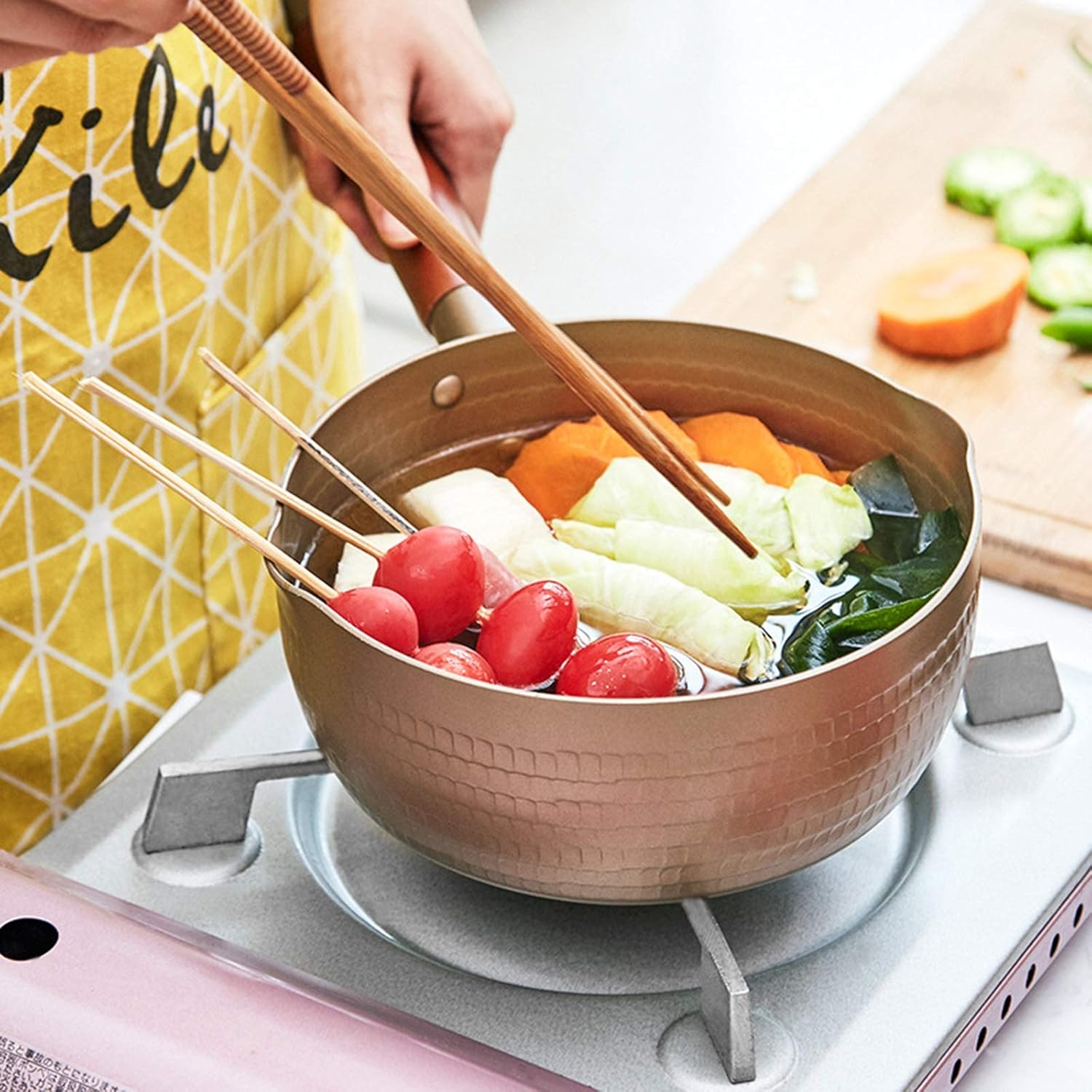 Cooking Pot, Traditional Pot Aluminum Alloy Stainless Steel Cooking Pot Milk Sauce Pan Wooden Handle Special Milk Pot, Gold-Gold||20cm