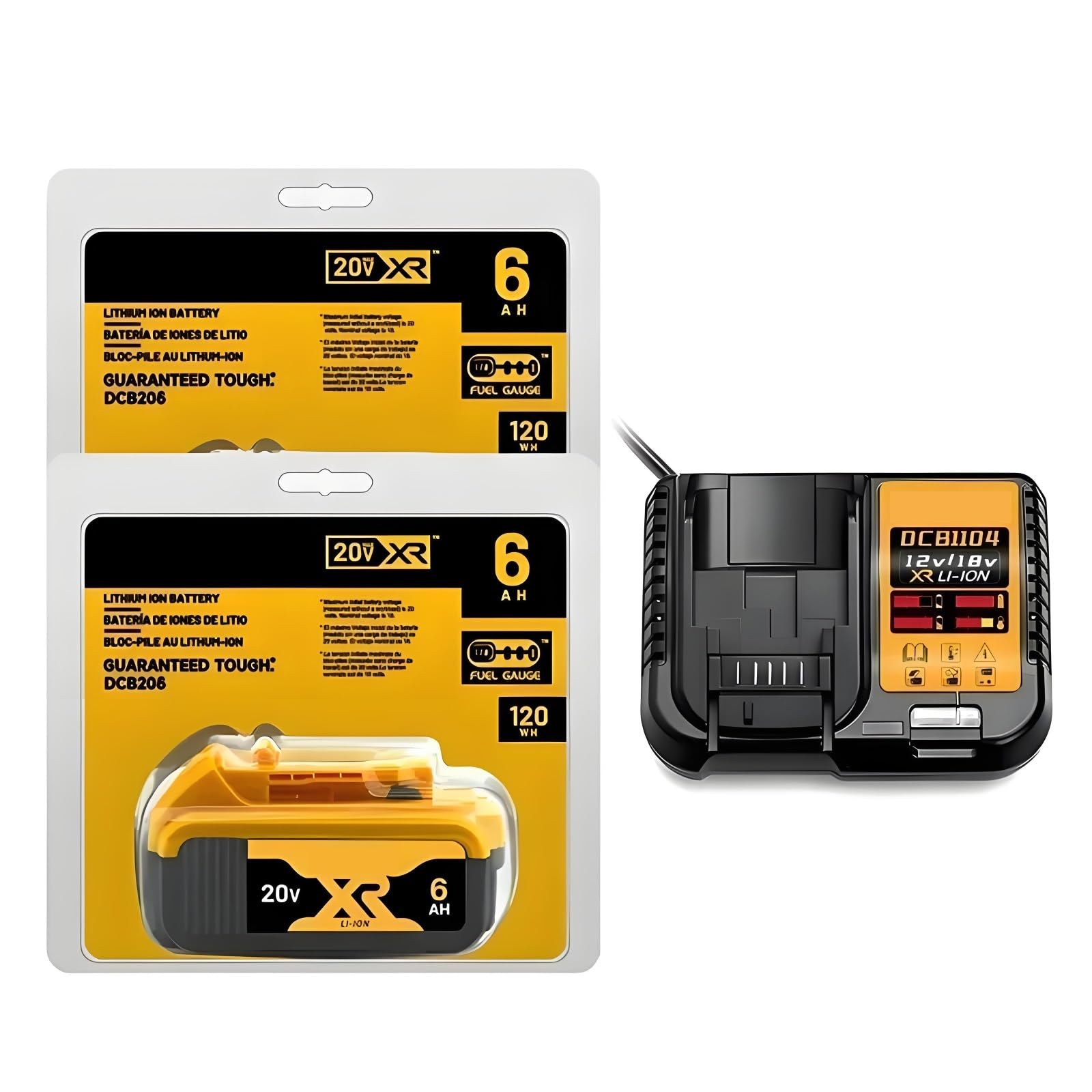 20V 6Ah 18650 Lithium Ion Battery Pack Compatible With DeWalt DCB184 DCB200 For Power Tools Drill Impact Wrench Outdoor Use 180Wh 10C BMS LED Indicator(2PCS 6.0Ah with Charger)
