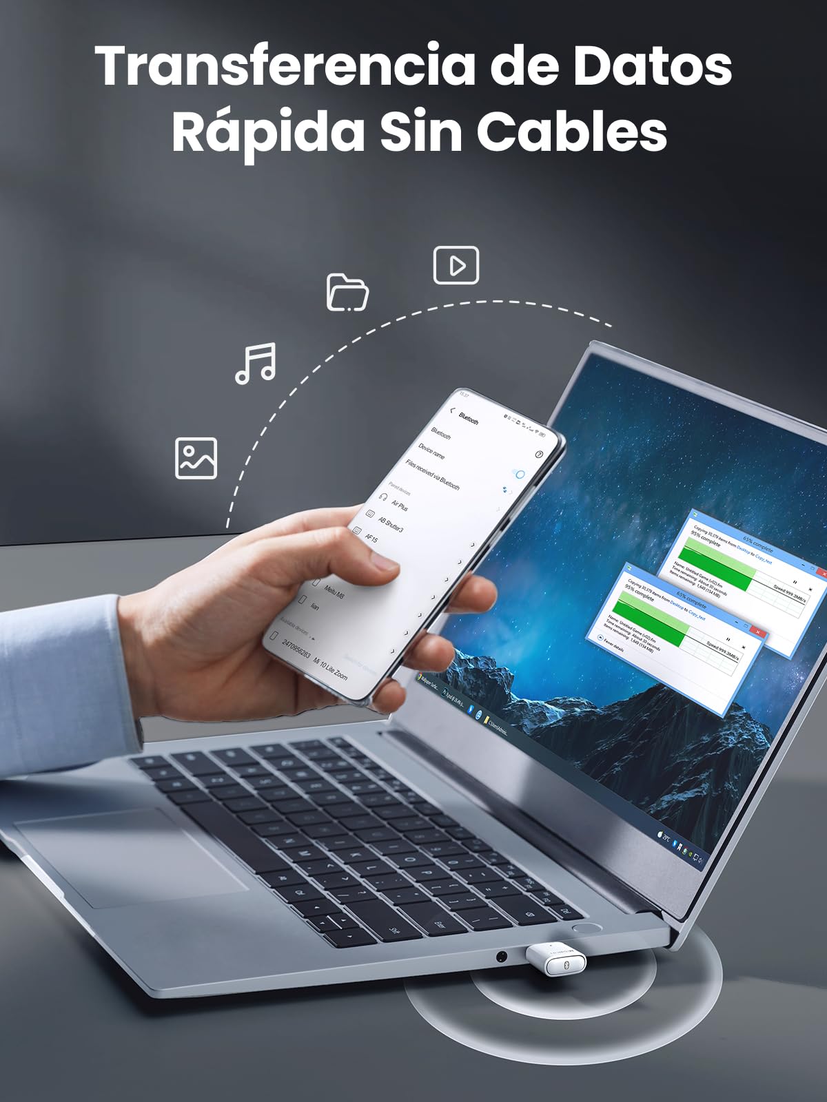 UGREEN USB Bluetooth 5.0 Adaptador diseñado para PC Portátil Windows 11 10 8.1 7, A2DP Dongle con Conectar a Mando Auricular Teclado Ratón Altavoz Móvil(Blanco)