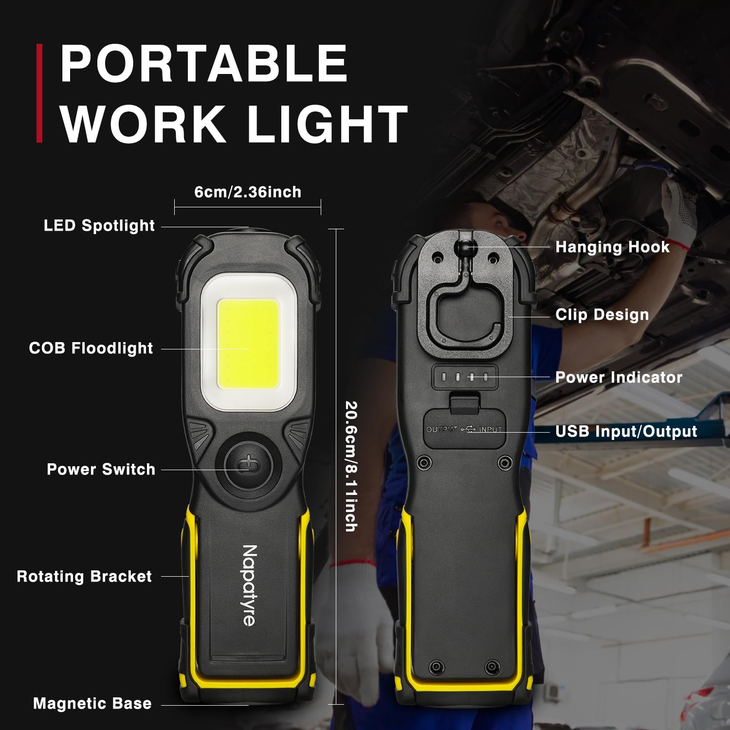 Lampe de Travail LED Rechargeable,1000 Lumens Baladeuse LED Mecanicien avec Base Magnétique, Rotation à 180° 3 Modes Lampe de Poche pour Réparation de Voiture Camping Urgence