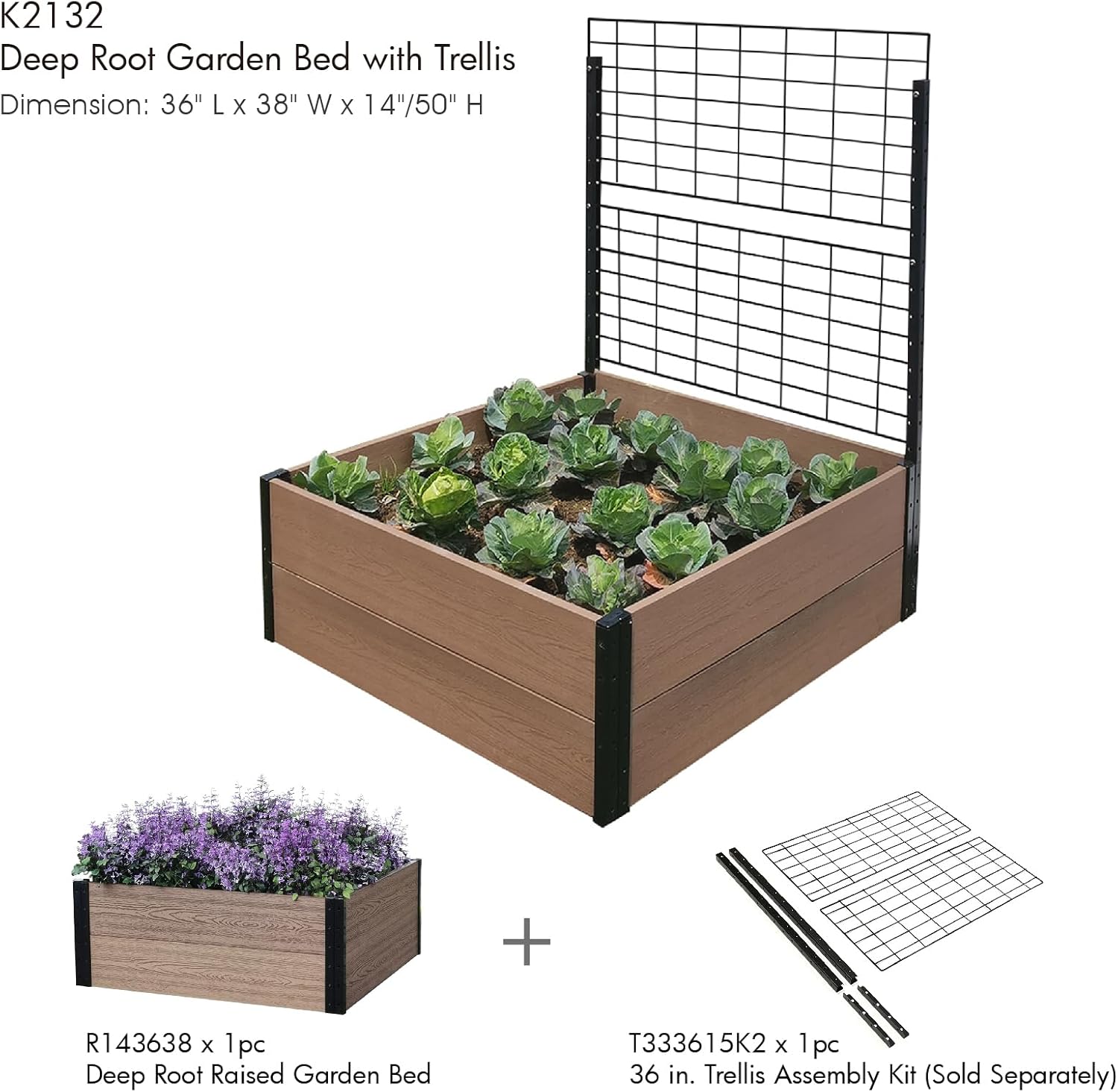 Everbloom Deep-Root Raised Garden Bed, 36"x38"x14",Composite Wood Plastic Planter Box Outdoor, Easy Assembly Brown Rectangle Planter for Vegetables Flowers Herbs,Backyard/Patio/Garden